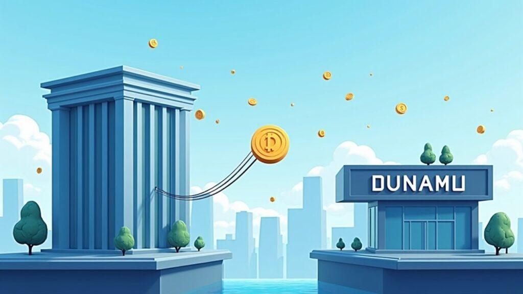 Semi-realistic bank tower transfers a digital token to a crypto exchange hub, illustrating Hana Bank's Dunamu stake.
