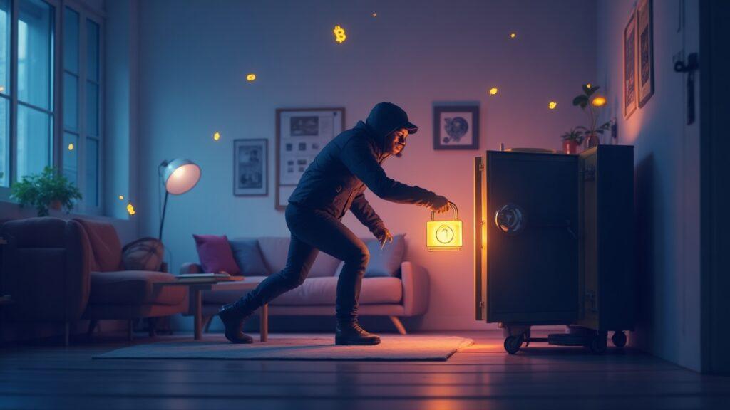 Semi-realistic scene: burglar targets a safe with a hardware wallet in a modern living room, glowing crypto icons in the background.