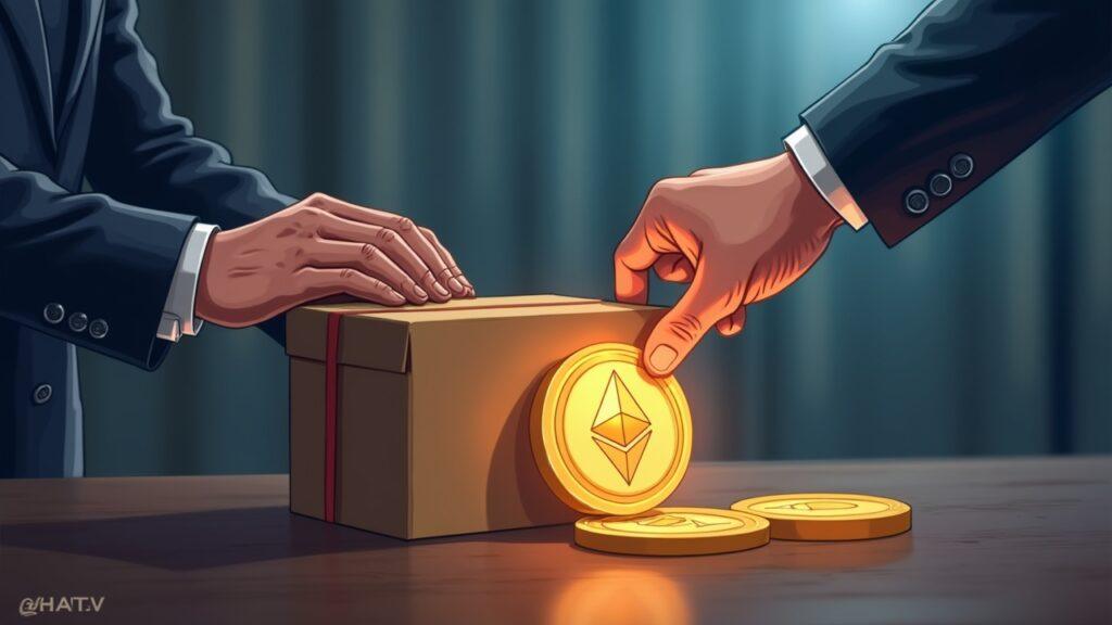 Semi-realistic office scene: a hand seals a box as a glowing Ethereum-like token is moved aside, signaling Harvard endowment exit.