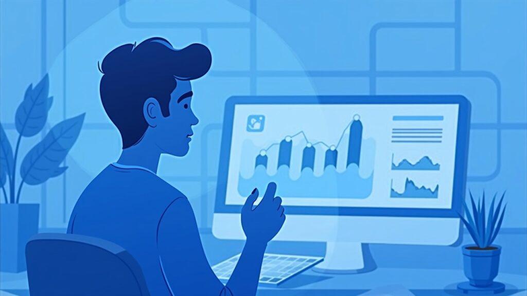 Realistic market analyst reviewing Hyperliquid HYPE on a dashboard with buyback arrows and rising revenue visuals.