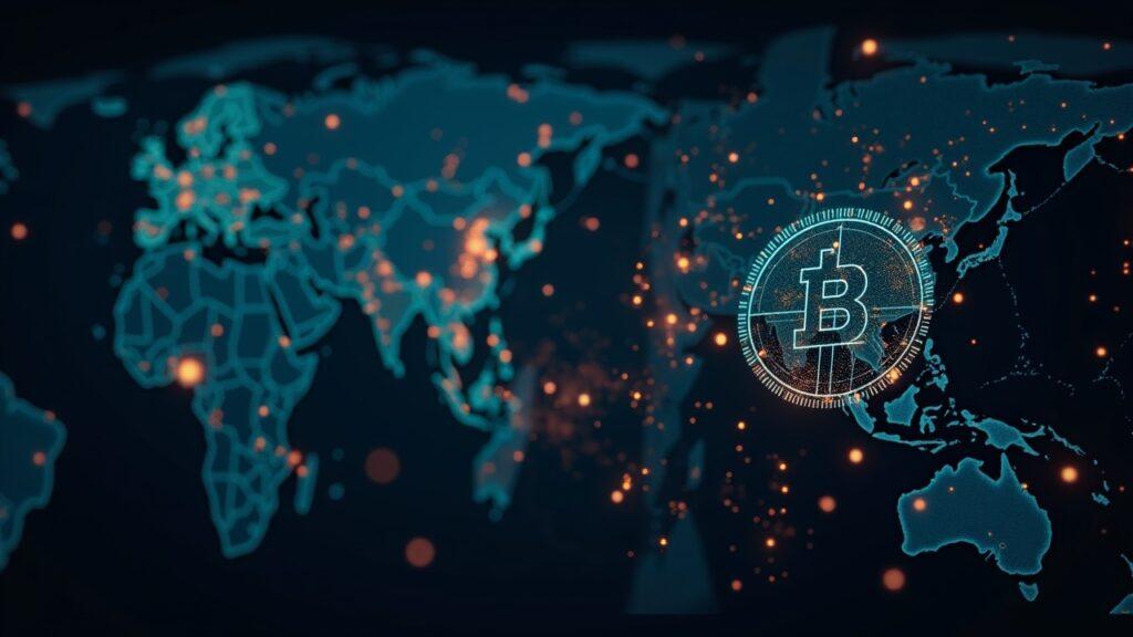 Semi-realistic corporate scene of offshore crypto oil trading with barrels, blockchain nodes, regulator filings, and a 24/7 clock.