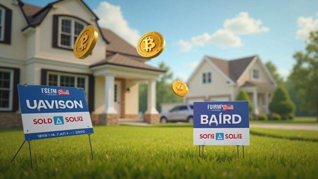 Indiana 4th District scene with James Baird yard sign, floating crypto coins, and digital screens showing crypto PAC boost.