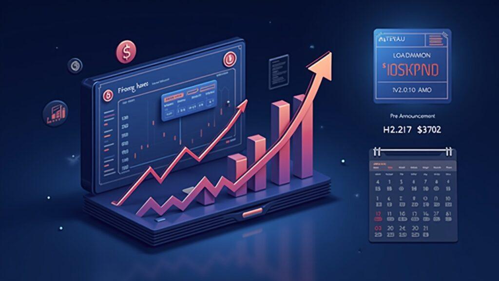 Semi-realistic blockchain wallet silhouette with rising open interest and funding-rate chart beside a listing calendar.