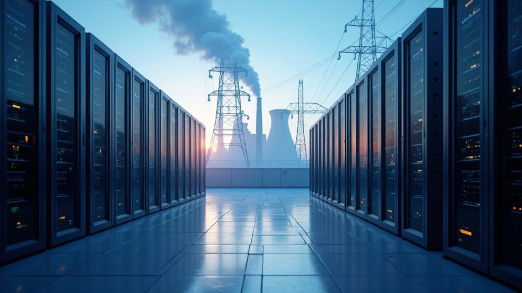 Semi-realistic data center transitioning from crypto mining to AI infrastructure, with a power plant in the background.