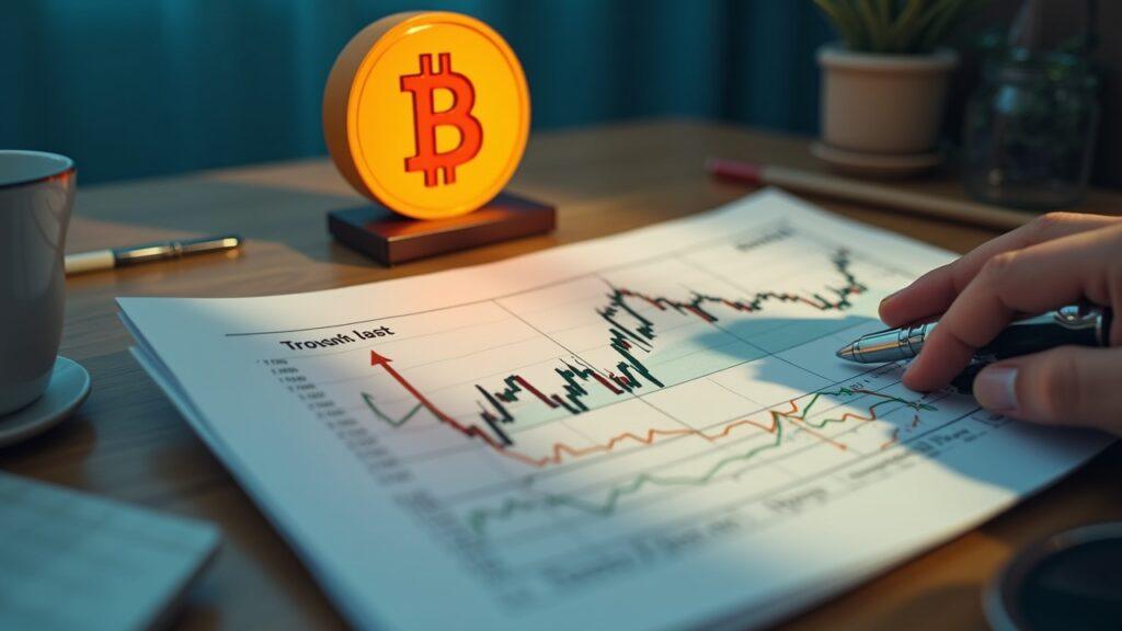 Semi-realistic office with Bitcoin symbol, downward chart, and impairment documents about Nakamoto Q1 2026.