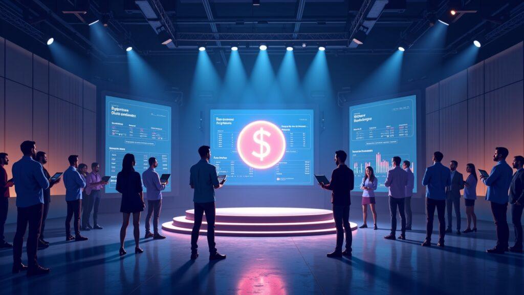 Diverse traders support a modern crypto exchange Launchpad with a glowing OUIX token sale stage.