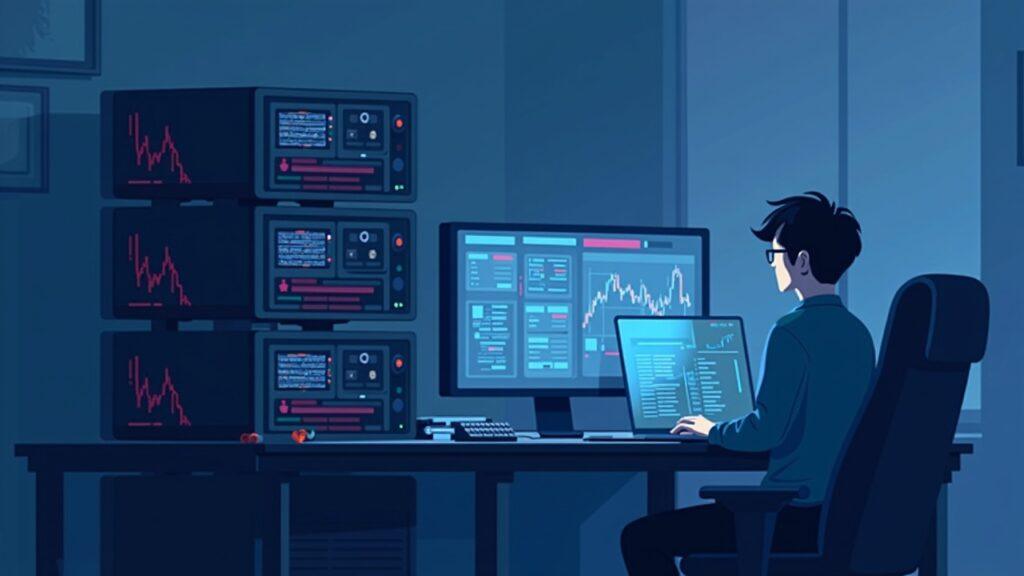 Semi-realistic scene of high-speed trading rigs, servers, and monitors beside a retail trader's laptop showing red losses.