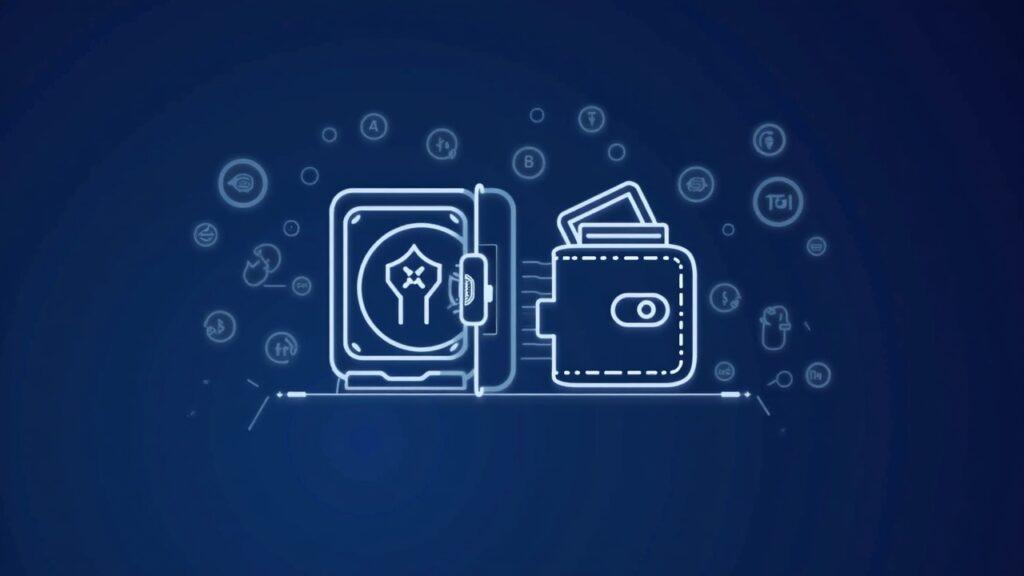 Semi-realistic illustration of a quantum-ready hardware wallet linked to a secure vault with PQC glyphs.