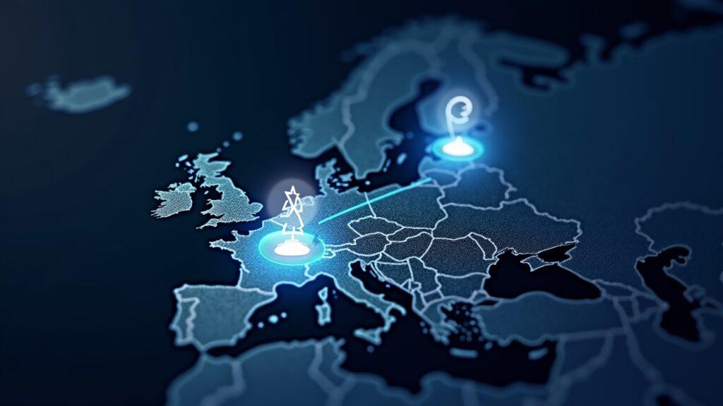 Europe map with on-chain links among a bank, crypto wallet, and retail broker for MiCA tokenized settlement.