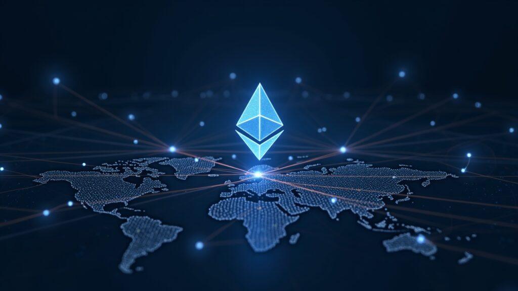 Illustration of Solana network rising above Ethereum, with interconnected nodes, streaming code, and subtle charts
