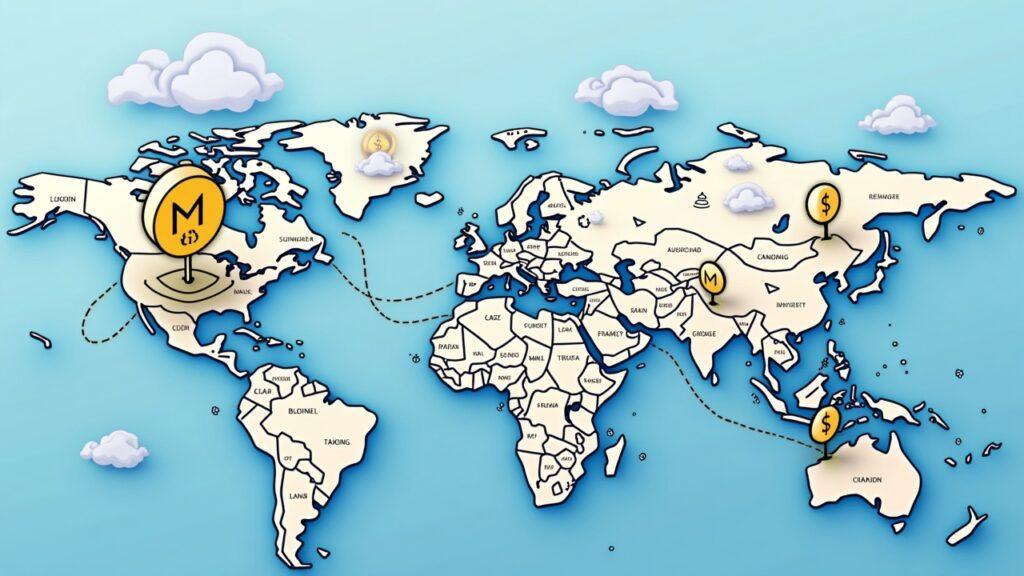 Semi-realistic illustration of stablecoins as a global payroll rail linking a tech hub to creators and delivery networks.