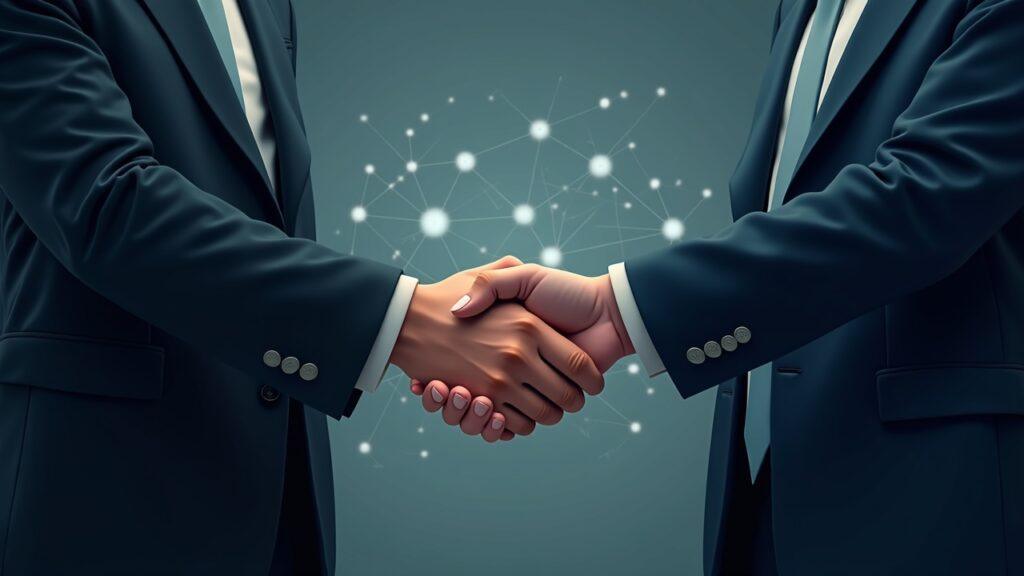 Semi-realistic scene of a bank executive and a crypto trader shaking hands with digital asset lines.