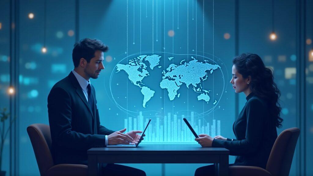 Modern Swiss bank scene with a translucent AI agent guiding on-chain transactions and a client approving via a tablet self-custodial wallet.