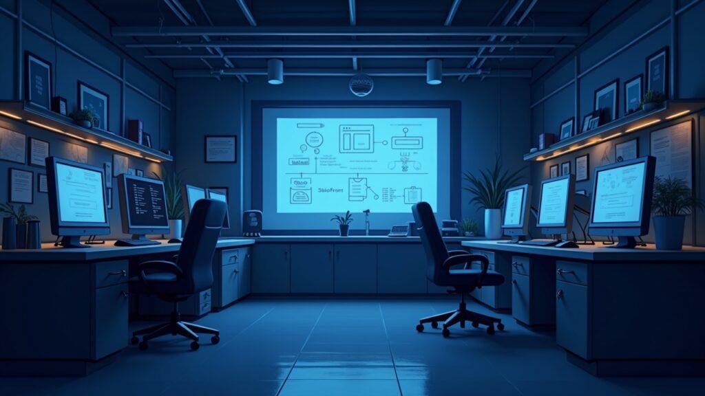 Semi-realistic lab interior with fading rollup diagrams on screens, signaling Syndicate Labs shutdown amid market contraction.