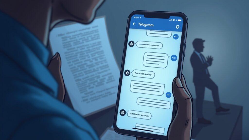 Smartphone screen shows a private Telegram chat 'Bryce's Secret' with a trader silhouette and a blurred legal document