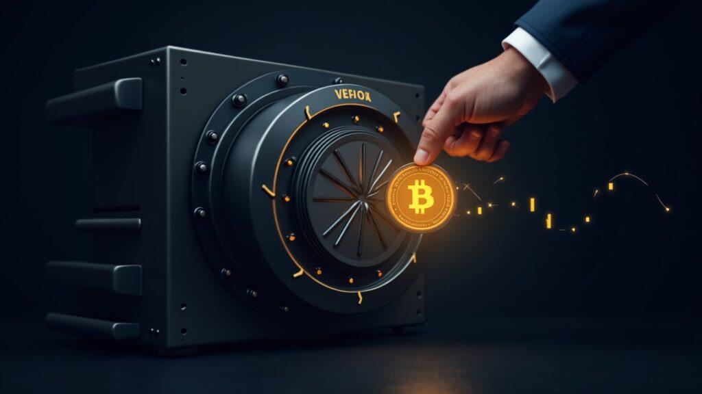Semi-realistic vault labeled XXI with bitcoin imagery, closed by a decisive hand and faint data streams symbolizing consolidation.