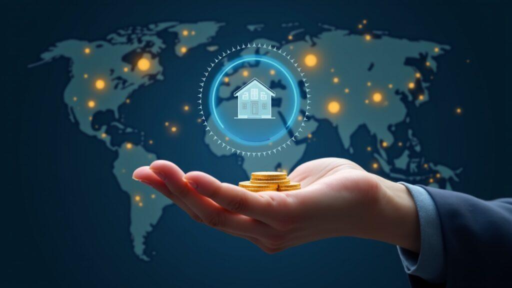 Hand presents tokenized real-world assets linked to a 24/7 global liquidity network with stablecoins and a subtle AI motif.