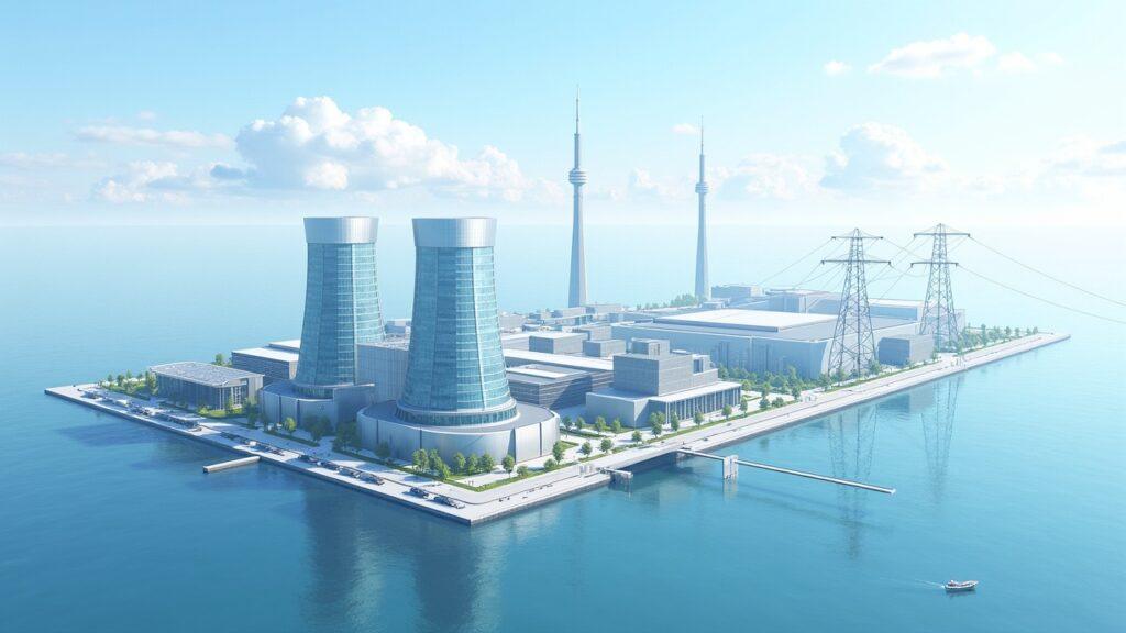 Semi-realistic Toronto AI gigafactory with cooling towers, 320 MW link, and GPU racks (TheChainObserver)