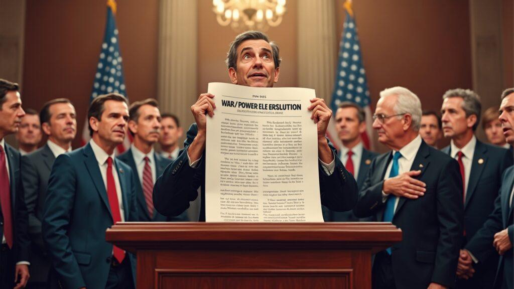 Realistic Senate chamber scene with a War Powers resolution on a podium and bipartisan lawmakers.