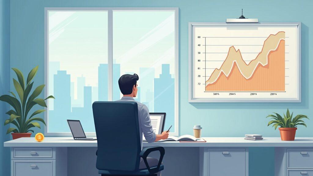 Semi-realistic illustration of a central bank chair at a desk with crypto icons and a shrinking balance-sheet chart in a newsroom.