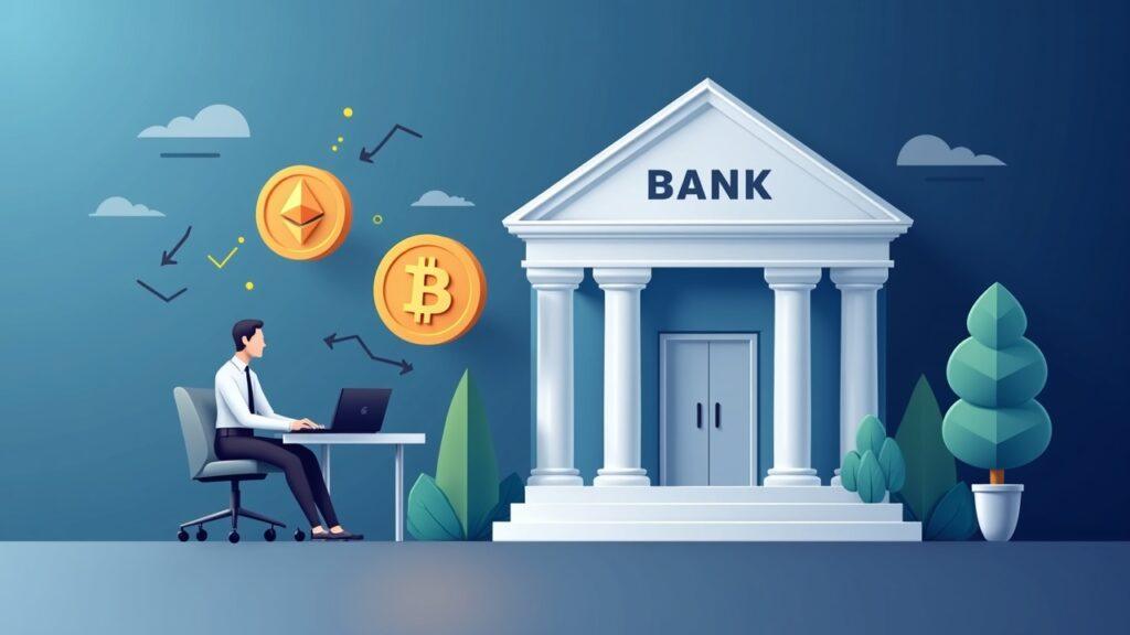 Bank office scene with floating Ethereum and Bitcoin coins and arrows illustrating ETF reallocations
