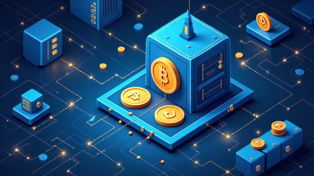Semi-realistic on-chain lending hub for Aave with stablecoins, digital vaults, and node networks signaling a $179 target.