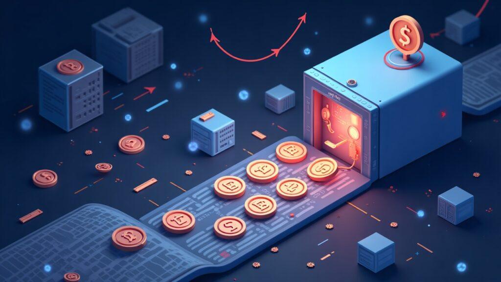 Semi-realistic Aptos network illustration: stablecoins swelling to $2B flowing into a secure ledger vault.