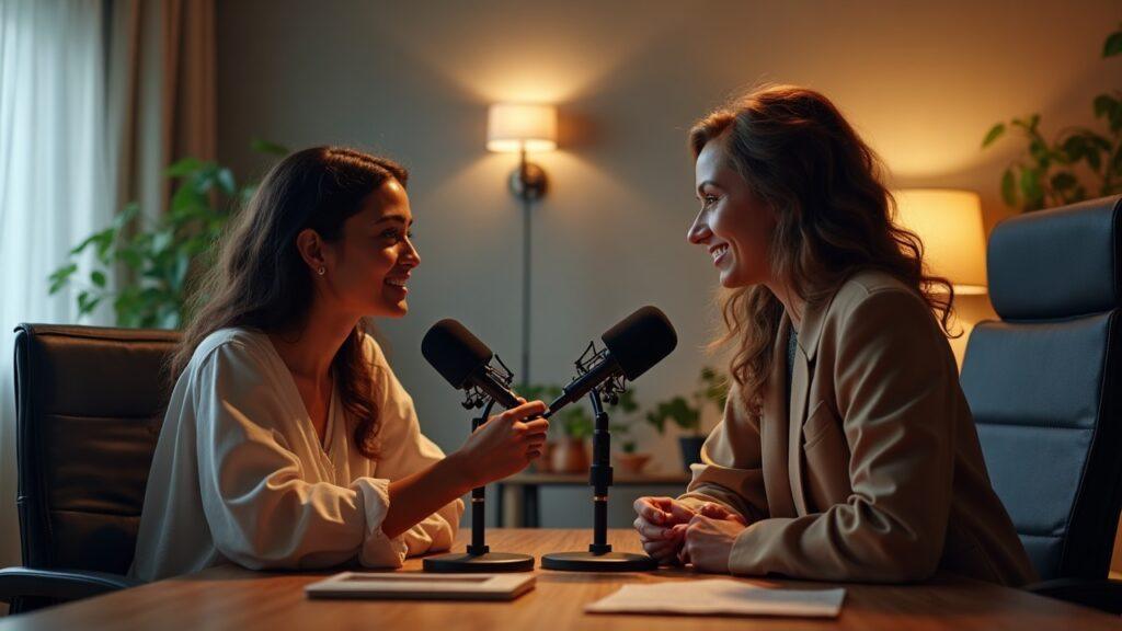 Semi-realistic podcast studio with AI personas Cleopatra and Keira conversing, modern setup, soft lighting and visible audio gear.