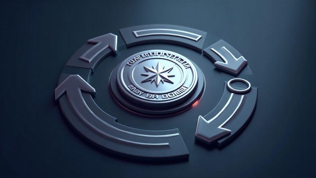 Semi-realistic ASTER token at center with circular buyback arrows and burn chamber on a blue-gray news-style crypto backdrop.