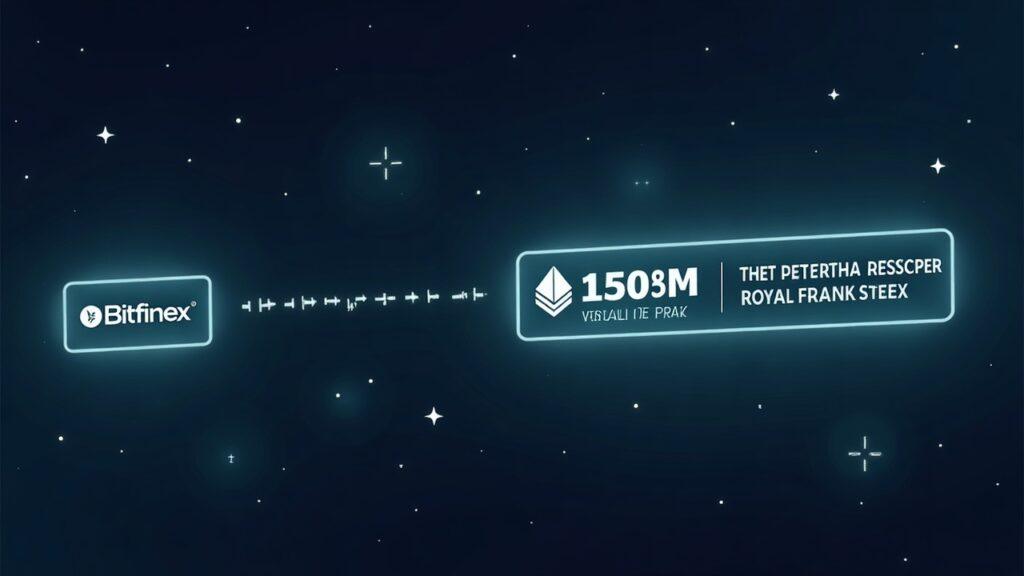 Semi-realistic illustration of a Bitfinex-address transferring 150 million USDT to Tether Treasury on Ethereum with a glowing blockchain path.