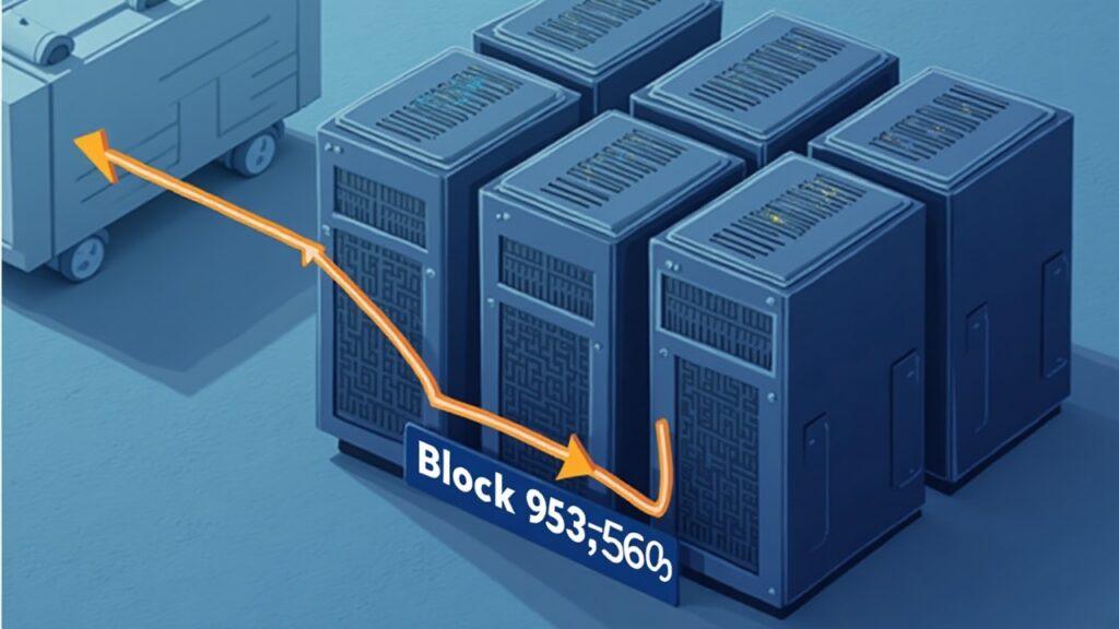 Semi-realistic illustration of a Bitcoin mining farm with cooling rigs and a -10% badge over block 953,568