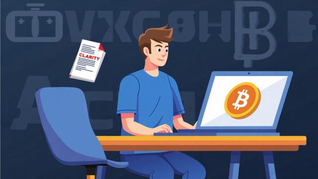 Coder at a desk with Bitcoin on screen and a CLARITY Act document, signaling US open-source Bitcoin.