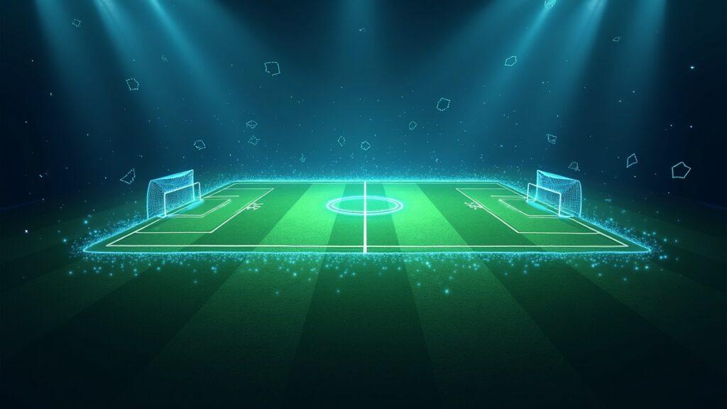 Hybrid football field blending into an on-chain liquidity pool with AI data streams and Uniswap v4 hook motifs.