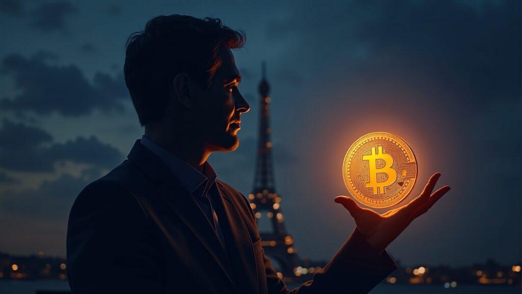 Semi-realistic French government silhouette with a glowing token linked to a tokenized Franklin Templeton fund.