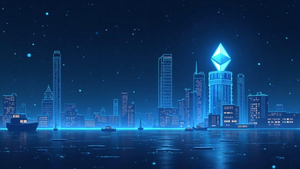 Realistic illustration of Ethereum Glamsterdam devnet: ten EIPs, higher gas limit, and proposer-builder separation in a calm blue tech theme
