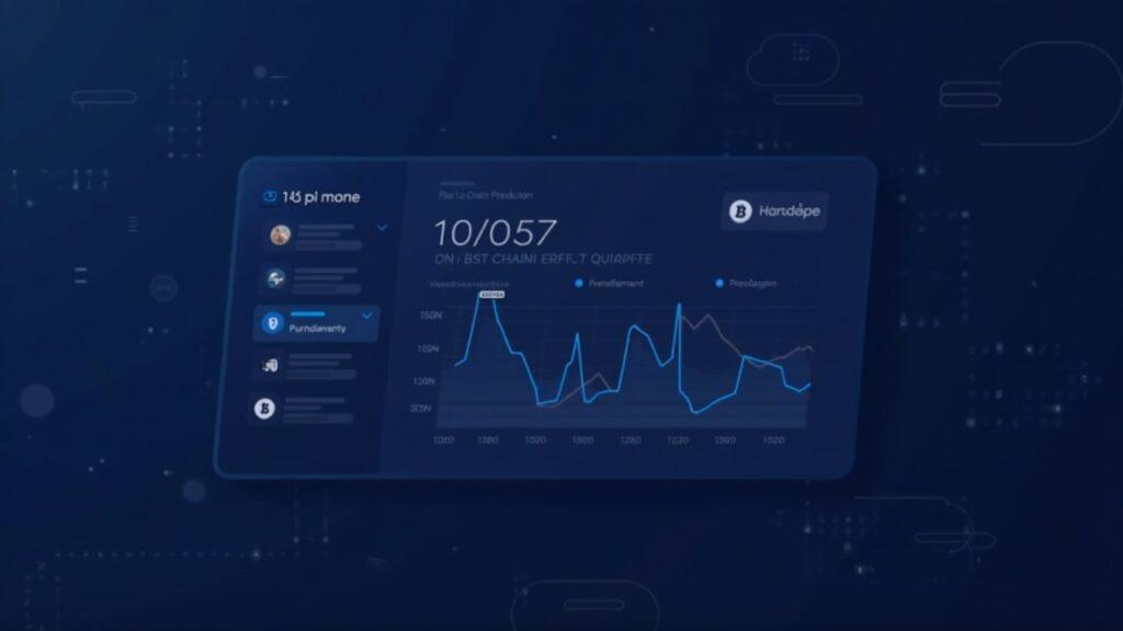 Semi-realistic on-chain prediction dashboard showing a 15-minute BTC market timer with sleek UI panels and a blockchain node backdrop.