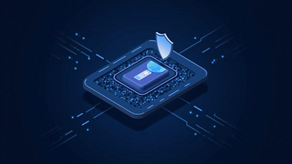 Illustration of a secure on-chain AI inference node with a privacy shield and hardware attestation.