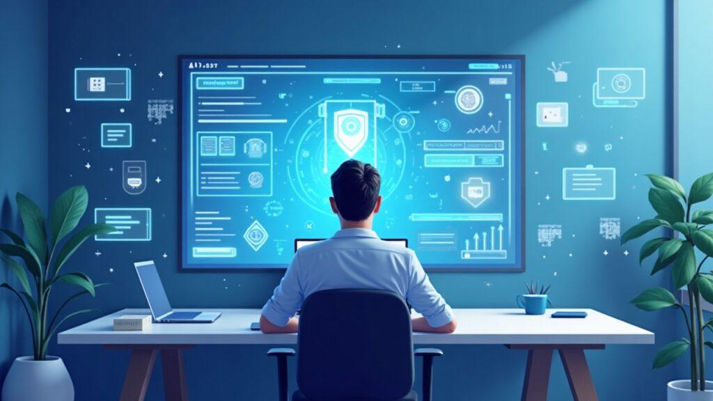 Person at a desk uses a privacy-first AI interface with a shield icon and verifiable-identity cues.