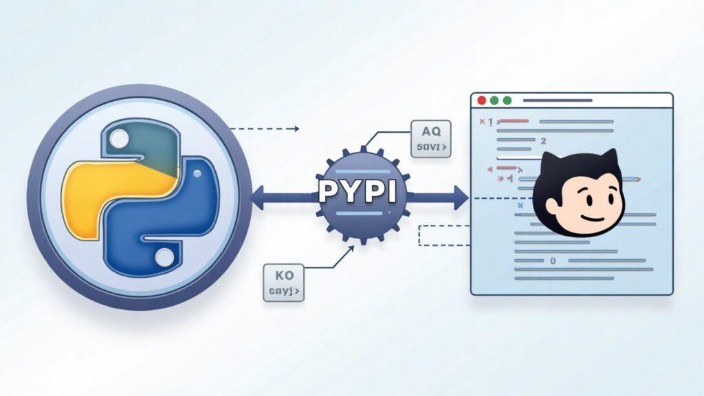 Semi-realistic newsroom illustration of a Python wheel fueling Bun runtime, connecting PyPI to GitHub with a code chain.