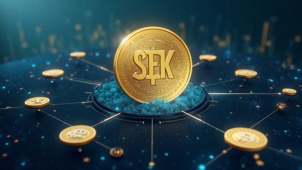 SEKAU: Semi-realistic illustration of the SEK-backed stablecoin pegged 1:1, with vault reserves and cross-chain tokens.