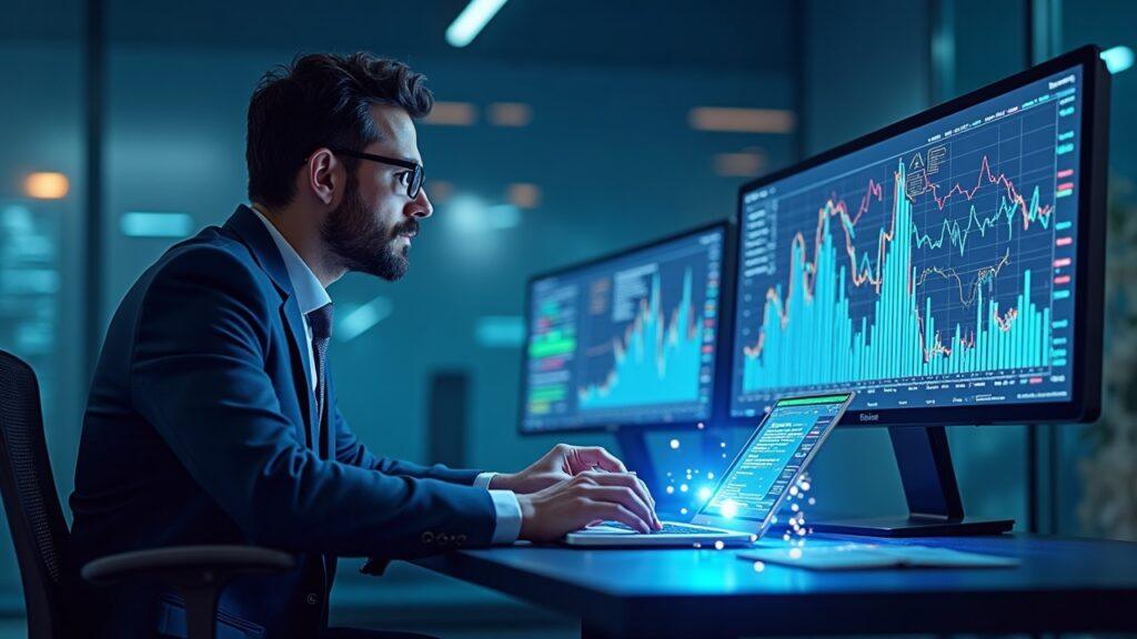 Semi-realistic trader at a desk with holographic liquidity flows and tiered on-chain graphs for Solana activity.