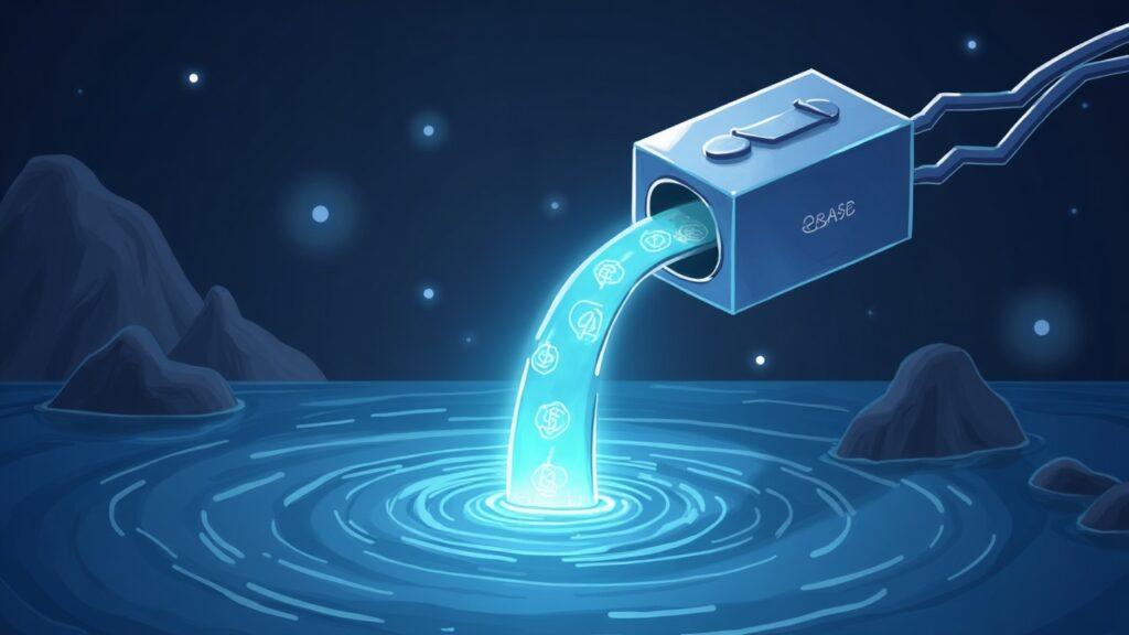 Semi-realistic Solana node releasing USDC into a calm DeFi liquidity pool, highlighting liquidity growth.