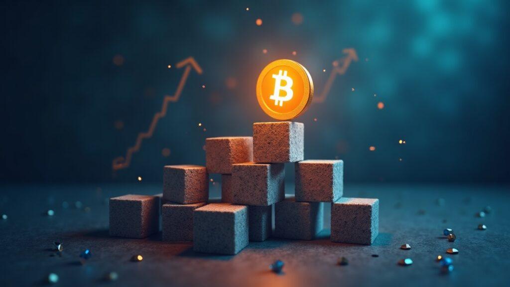 Semi-realistic Bitcoin icon rising over 12 abstract ETF blocks with glow and arrows, signaling ETF inflows breadth.
