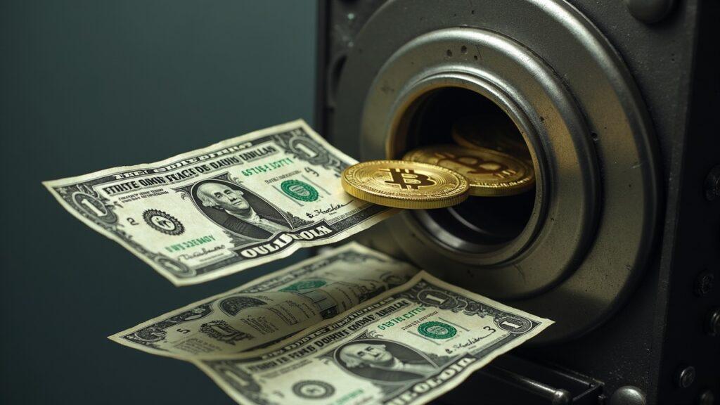 Semi-realistic scene showing stock certificates flowing into a Bitcoin vault, illustrating funding BTC purchases with common stock.