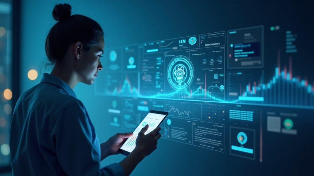 Financial analyst reviews holographic dashboard showing tokenized Treasuries and AAA CLOs connected by two exchange rails.