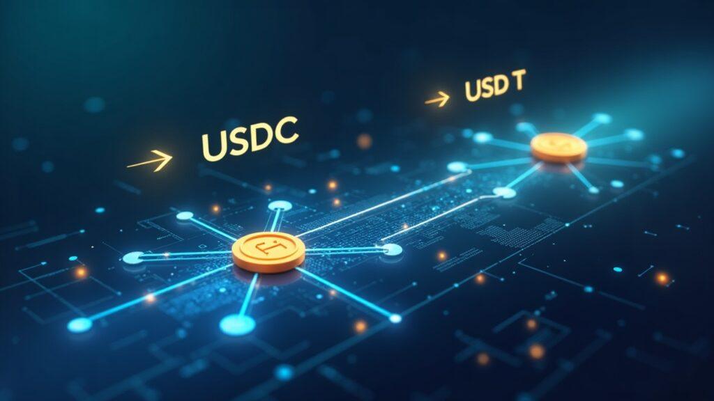 Semi-realistic digital ledger with USDC and USDT tokens and arrows showing USDC outpacing USDT across networks.