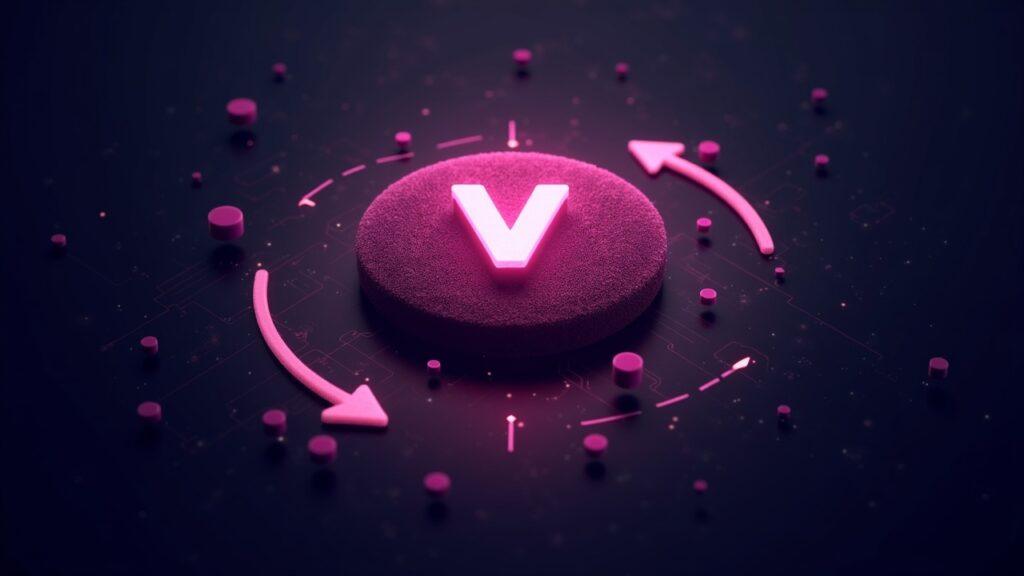 Velvet token centered with blockchain circuitry, inflow and outflow arrows, glow indicating accumulation and parabolic rise