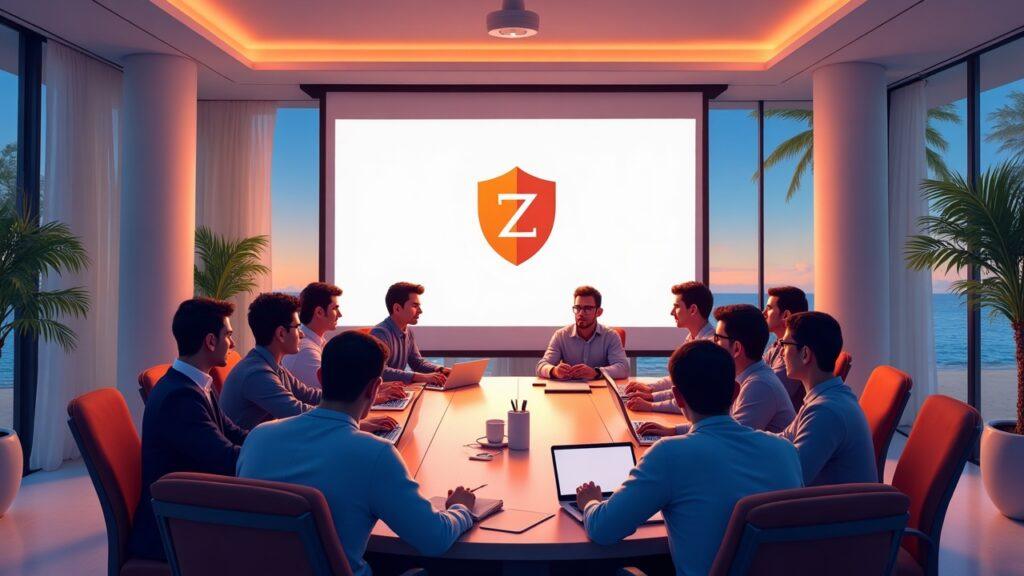 Semi-realistic Cancún Zcon7 conference room scene with developers at a table, privacy shield motif, zk governance focus.