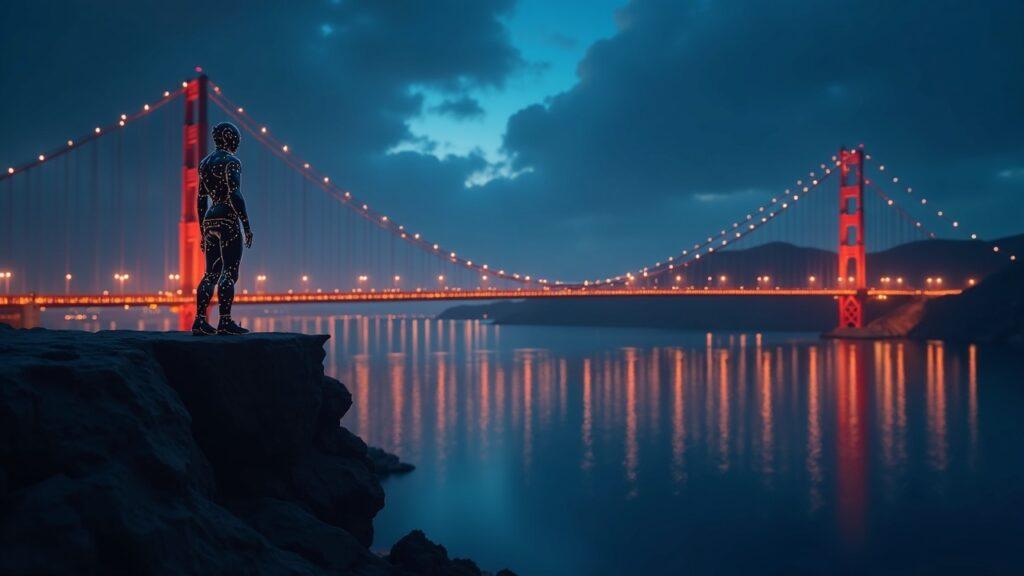 AI agent at the network edge pays per-use via a glowing x402 bridge, settling USDC on Base.