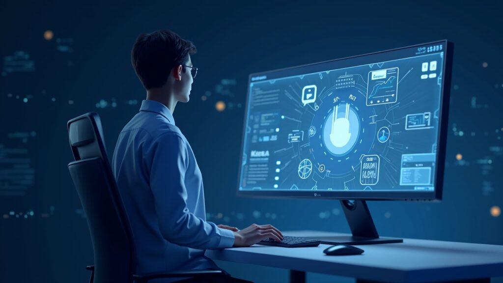 Semi-realistic AI agent at a workstation with a translucent screen showing Stripe and x402 on-chain payments over a GPU network backdrop.